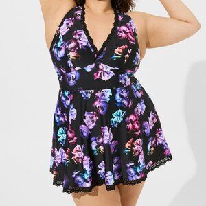 Torrid Wireless Mid Lace Trimmed Swim Dress With Brief